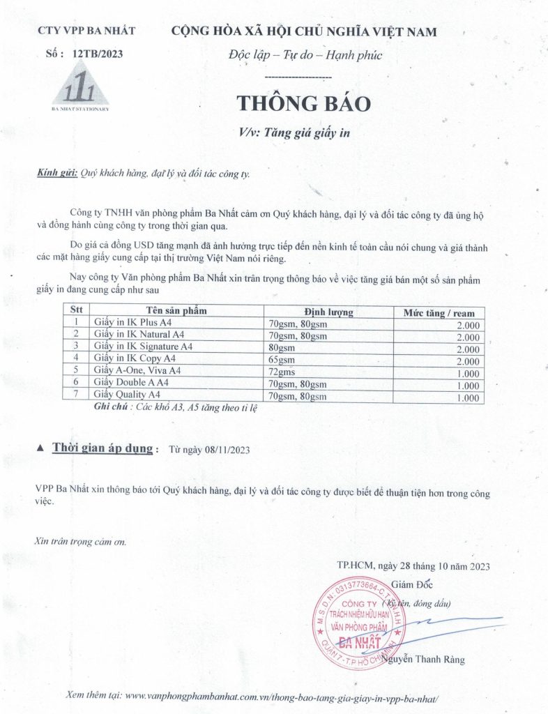 thông báo tăng giá giấy in 2023